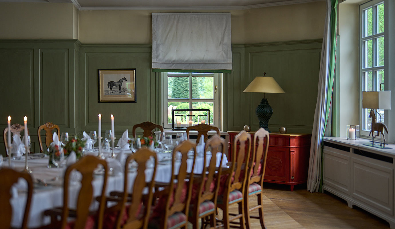 Langer Tisch für ein Abendessen für mehrere Personen neben zwei Fenstern mit Blick auf einen Garten